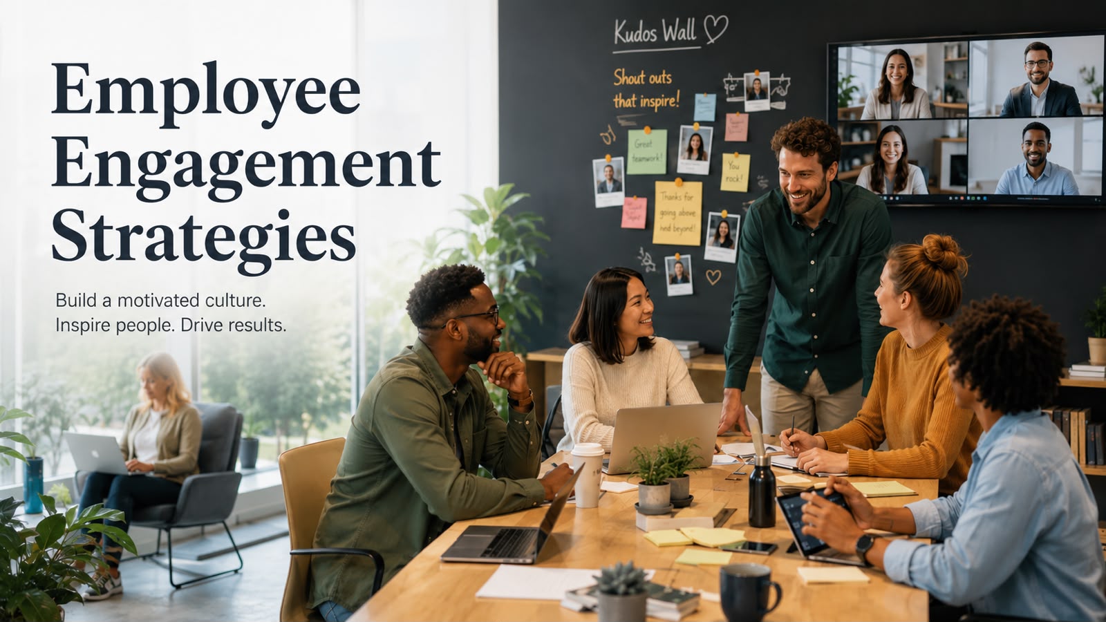 Team collaborating in an office beside a kudos wall, illustrating employee engagement strategies