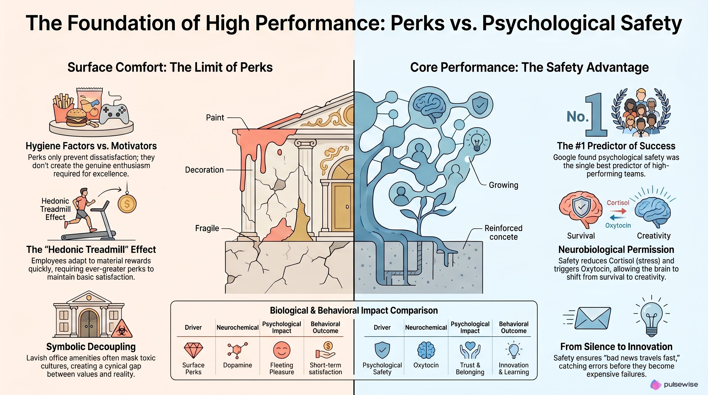 Infographic of four daily leadership habits that build psychological safety: respond well to bad news, ask better 1:1 questions, make daily signals visible, and model fallibility from the top