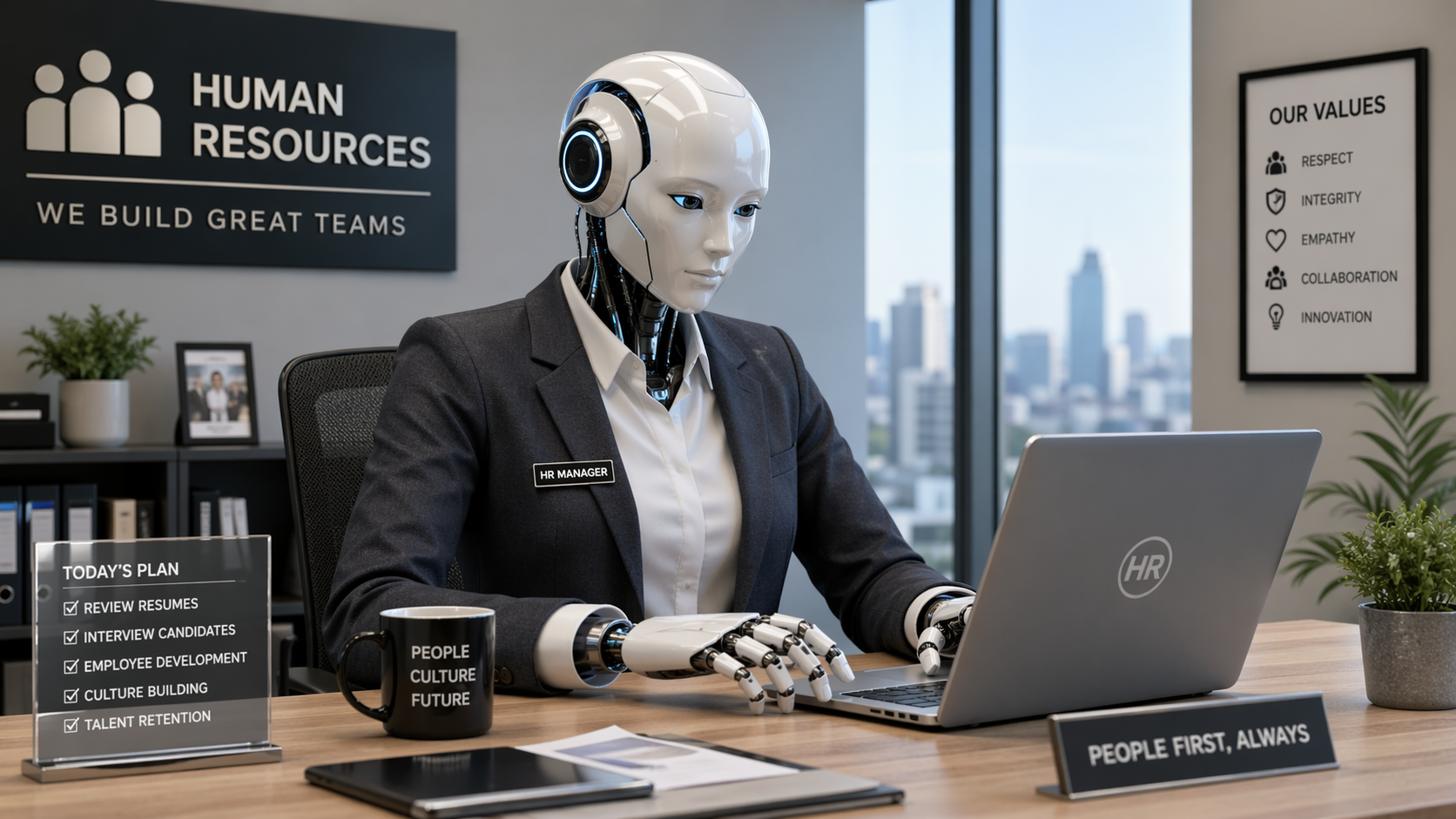 AI-assisted HR manager reviewing people signals from an office desk