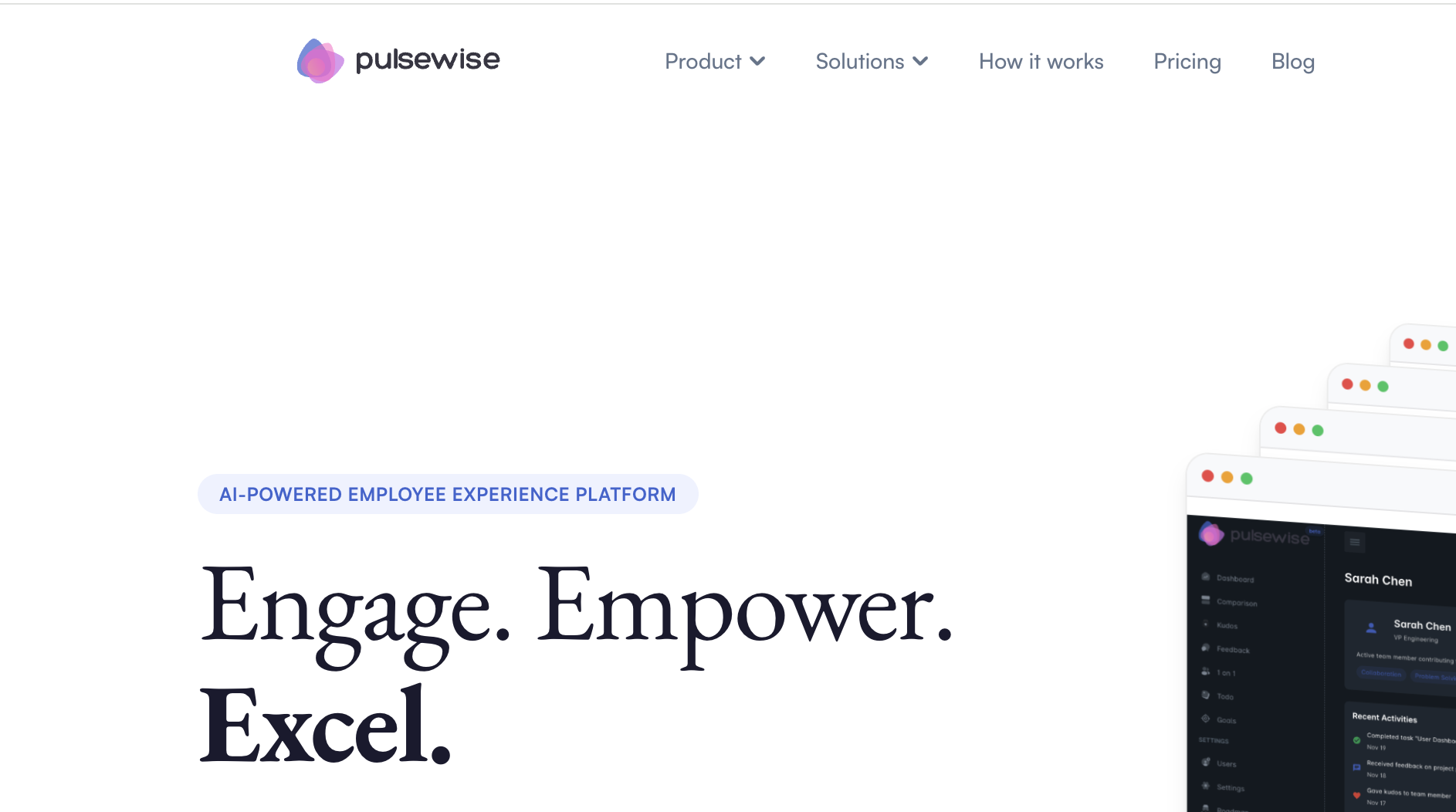Pulsewise homepage showing the AI-powered employee experience platform
