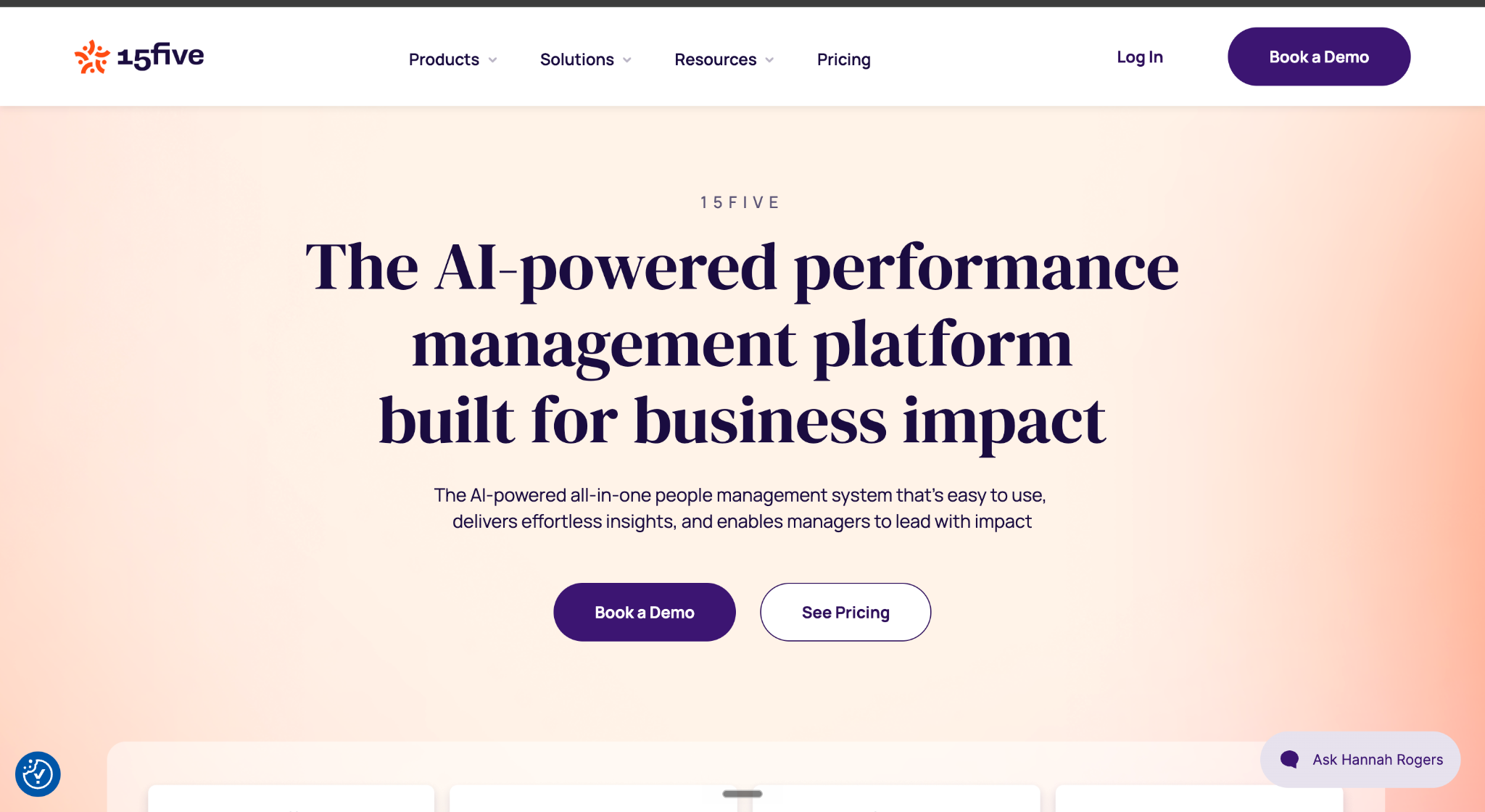 15Five homepage showing its AI-powered performance management platform