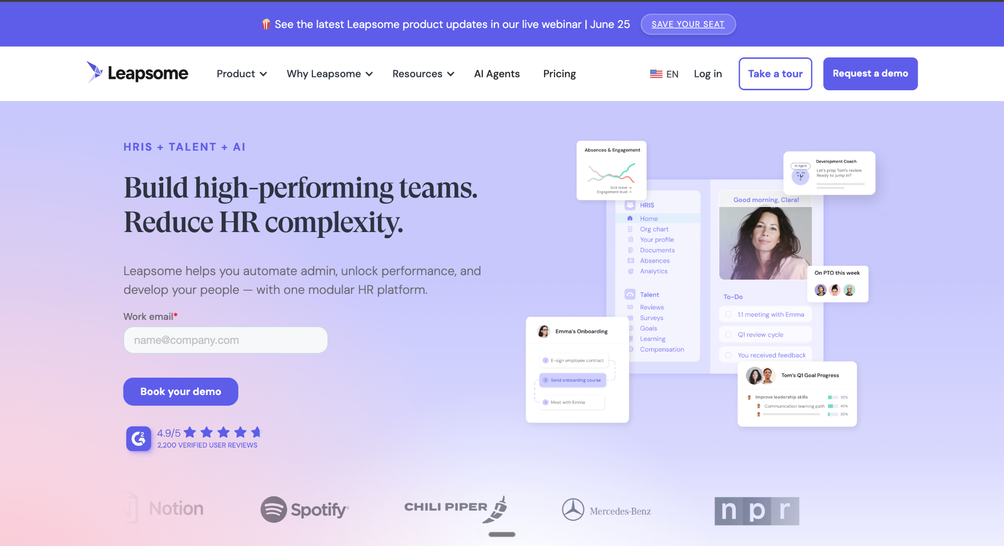 Leapsome homepage showing its modular HR platform for high-performing teams