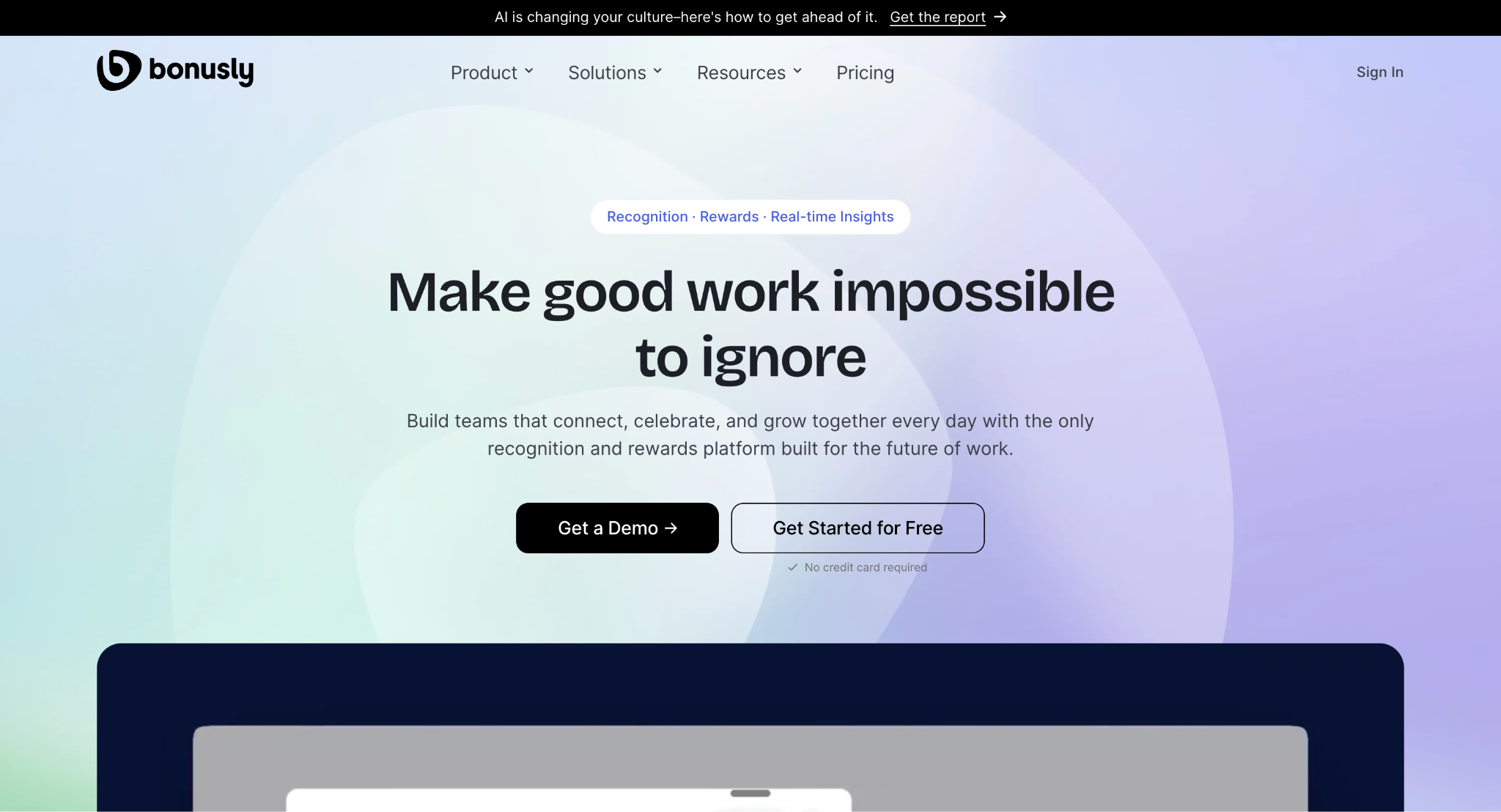 Bonusly homepage showing its recognition and rewards platform