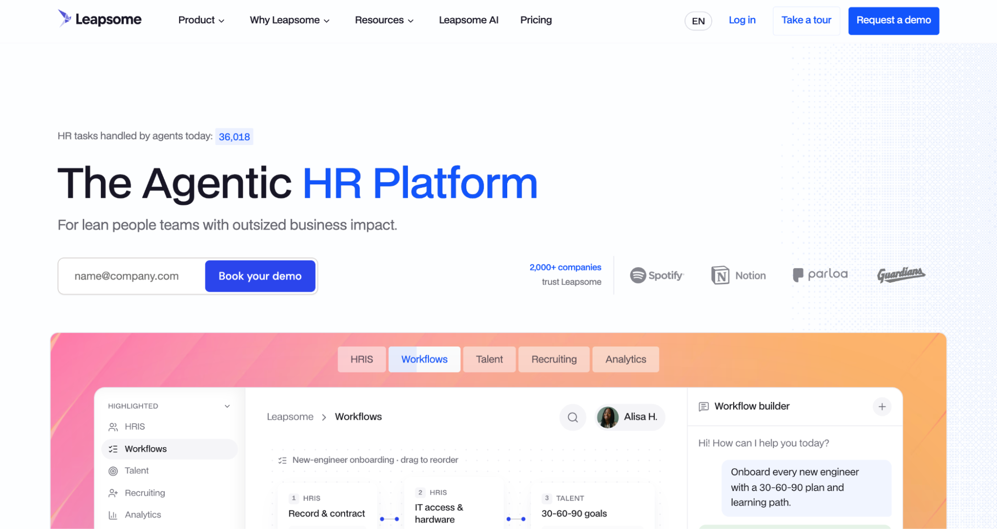Leapsome homepage with The Agentic HR Platform headline and workflow builder