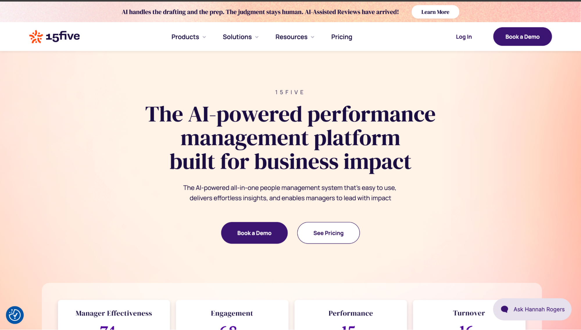 15Five homepage with The AI-powered performance management platform headline