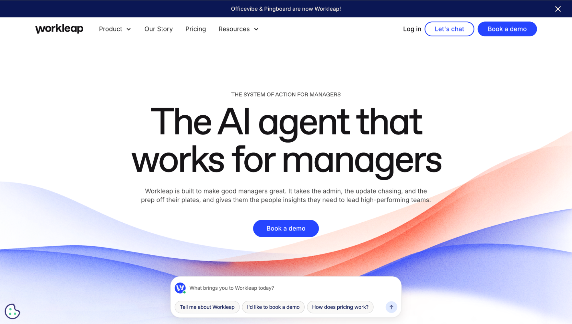 Workleap homepage with The AI agent that works for managers headline