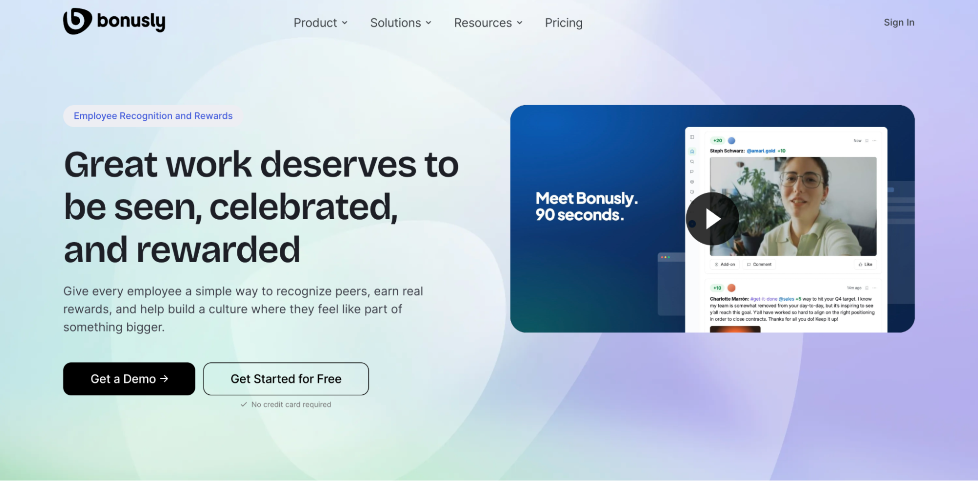 Bonusly homepage with Great work deserves to be seen, celebrated, and rewarded