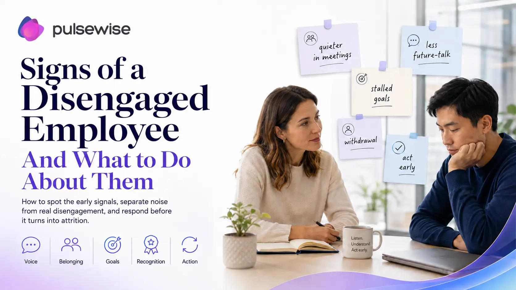 Illustration of a disengaged employee withdrawing from team conversation while colleagues collaborate