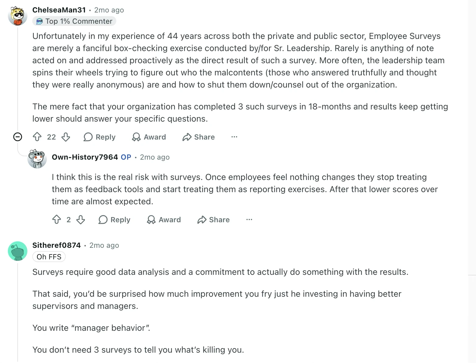 Reddit thread in r/humanresources where practitioners describe employee surveys becoming box-checking exercises when results are never acted on