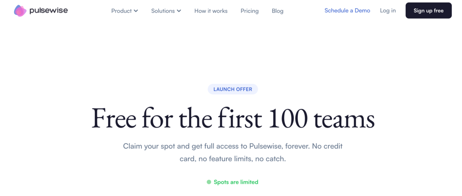 Pulsewise pricing page showing the launch offer, free for the first 100 teams