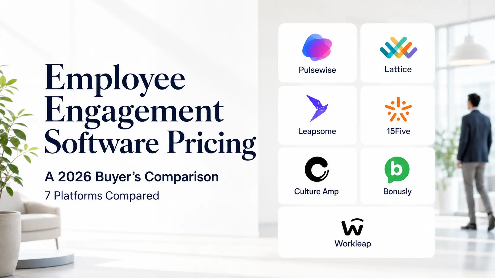 Employee engagement software pricing compared across seven platforms including Pulsewise, Lattice, Leapsome, 15Five, Culture Amp, Bonusly, and Workleap