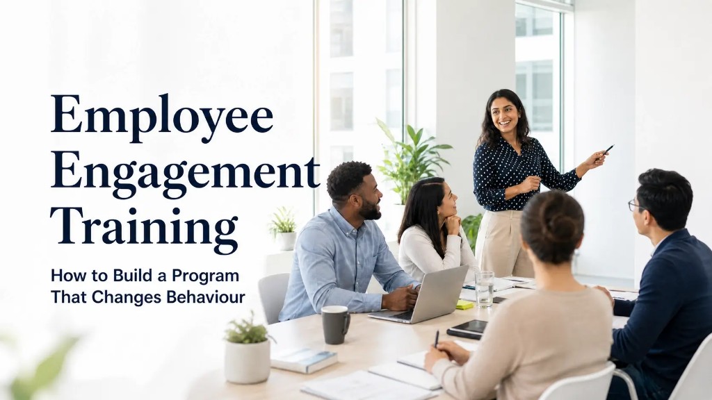 Manager leading an employee engagement training session with an engaged team around a table