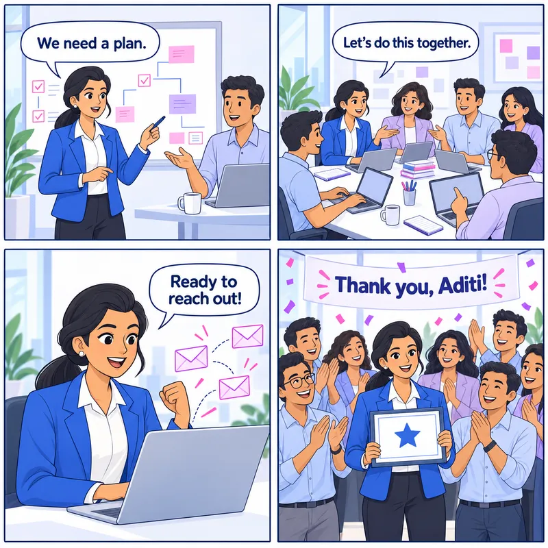 Four-panel kudos comic: Aditi plans an outreach project, collaborates with her team, launches the outreach, and receives their thanks. The final banner reads ‘Thank you, Aditi!’