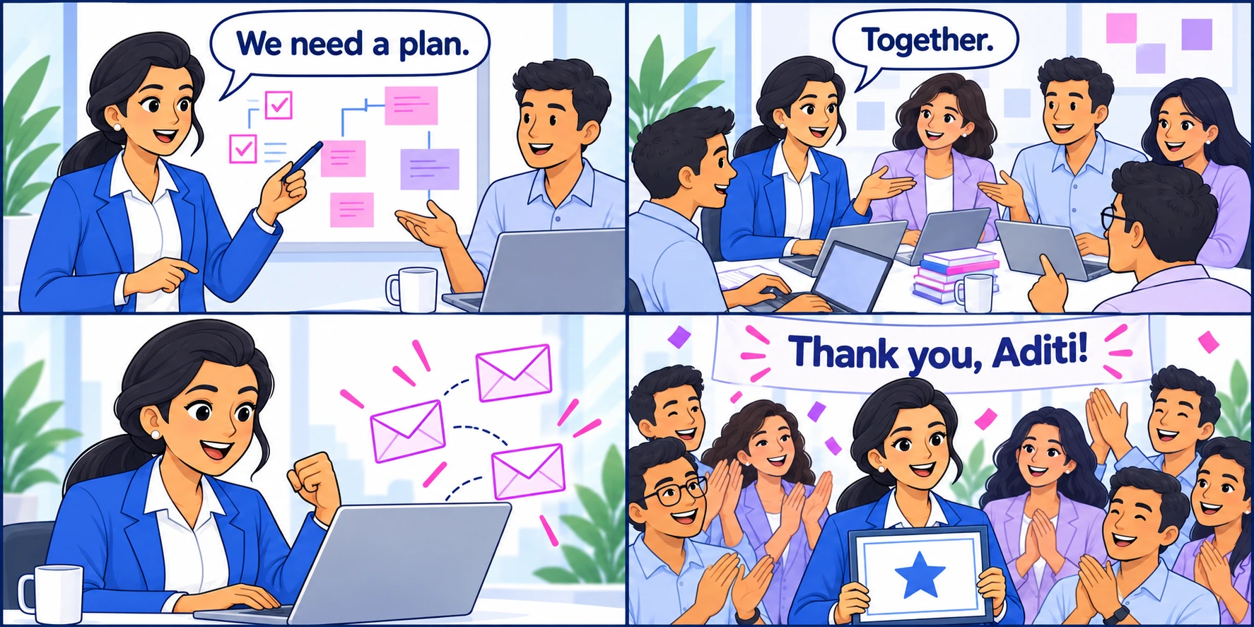 Four-panel kudos comic: Aditi plans an outreach project, collaborates with her team, launches the outreach, and receives their thanks. The final banner reads ‘Thank you, Aditi!’