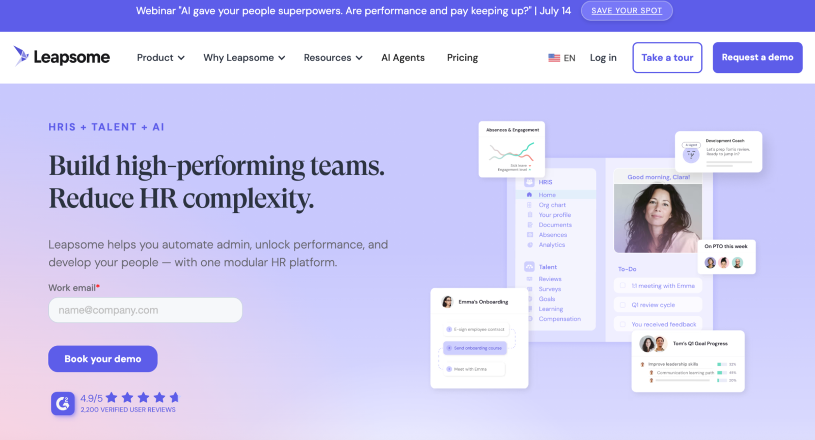 Leapsome homepage showing its modular HR platform for building high-performing teams