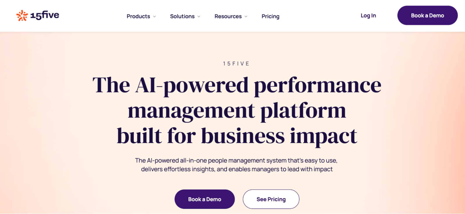 15Five homepage showing its AI-powered performance management platform