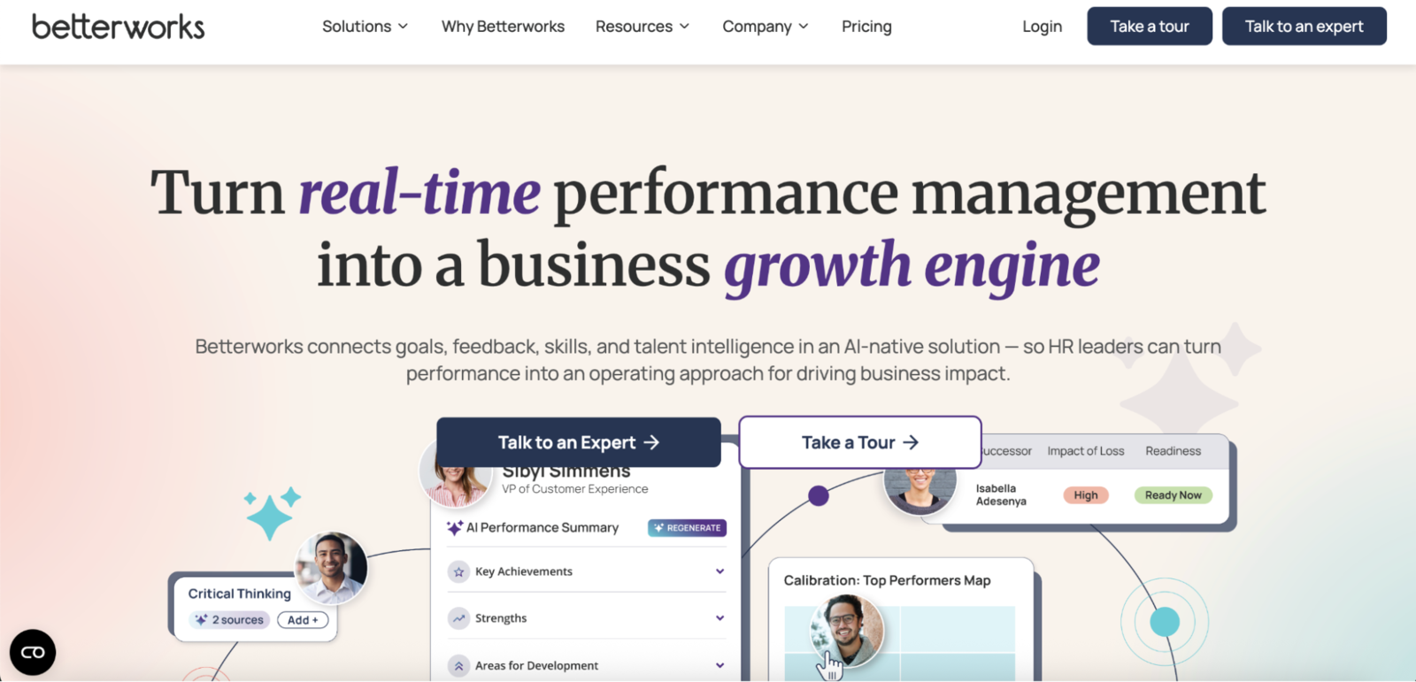 Betterworks homepage showing its real-time performance management platform
