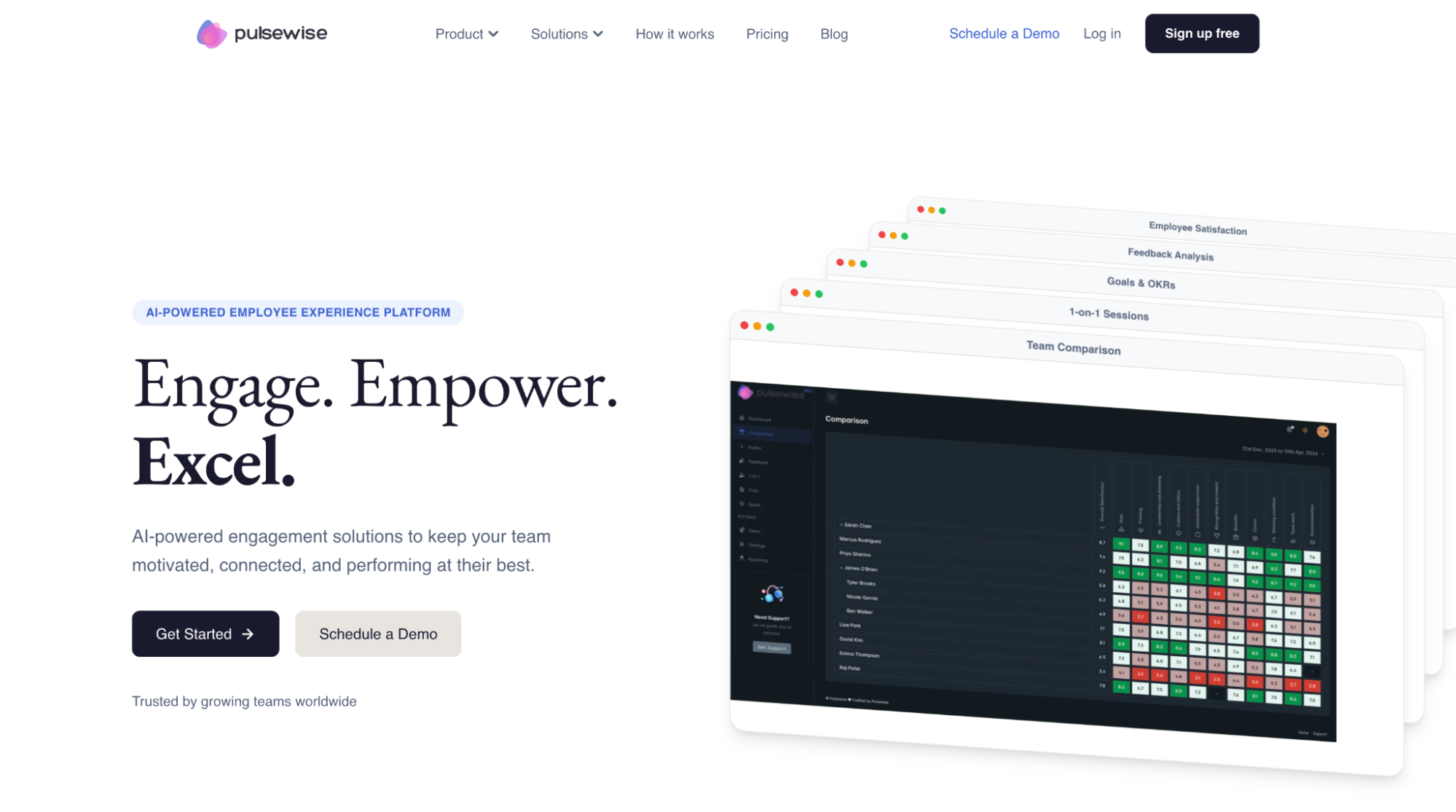 Pulsewise homepage showing the Engage, Empower, Excel headline and stacked product dashboards