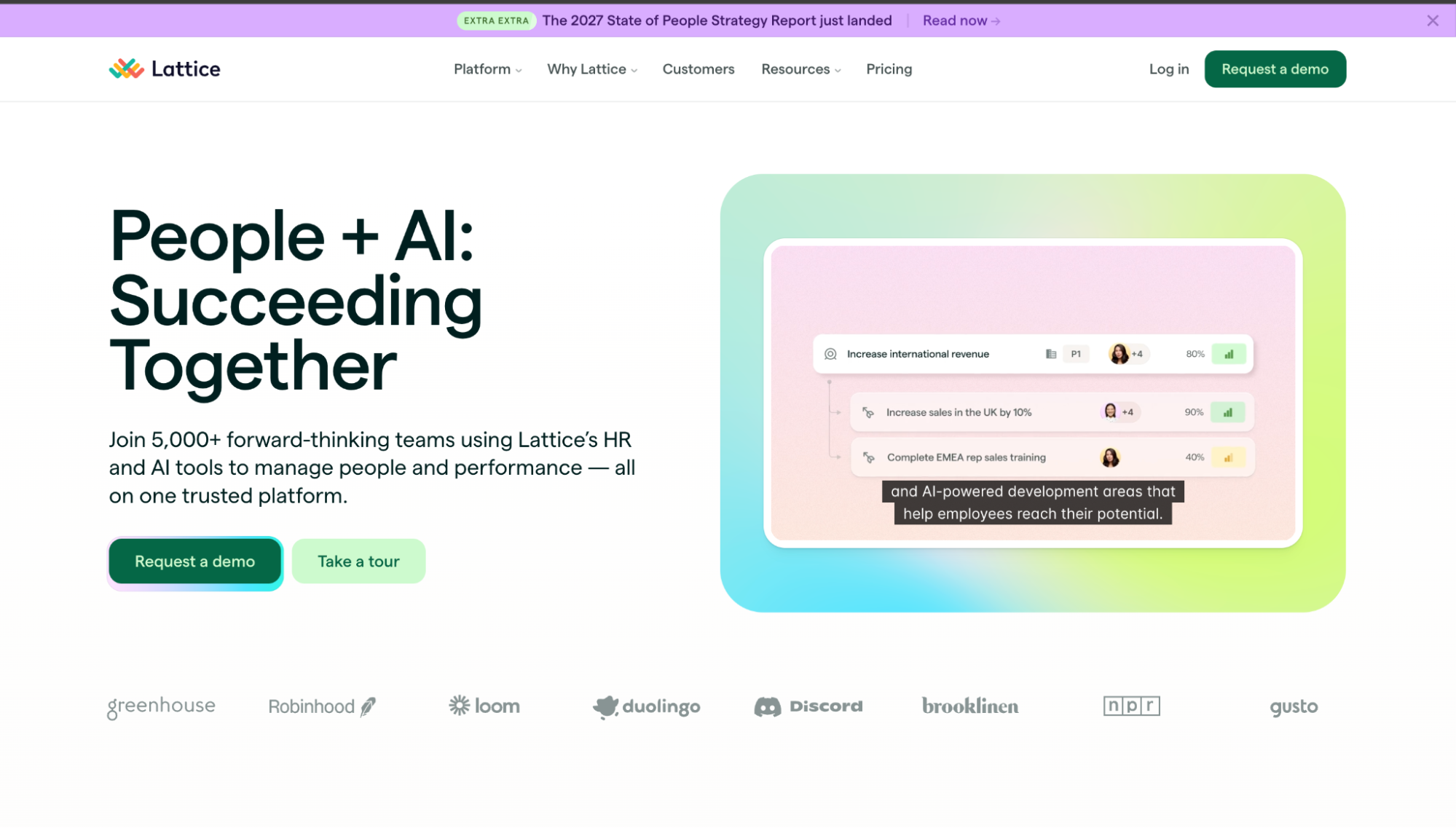 Lattice homepage with the People + AI Succeeding Together headline