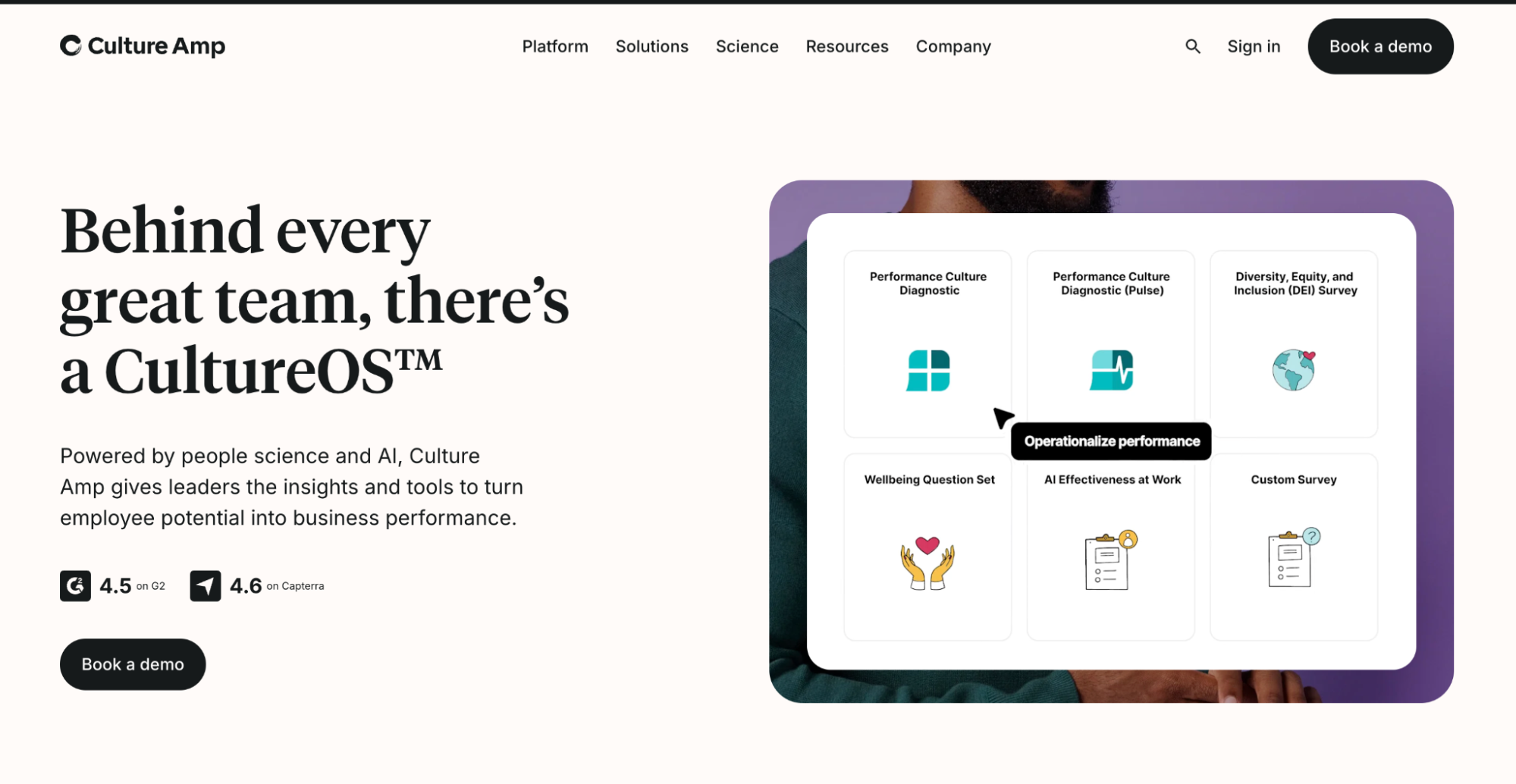 Culture Amp homepage with Behind every great team, there's a CultureOS headline
