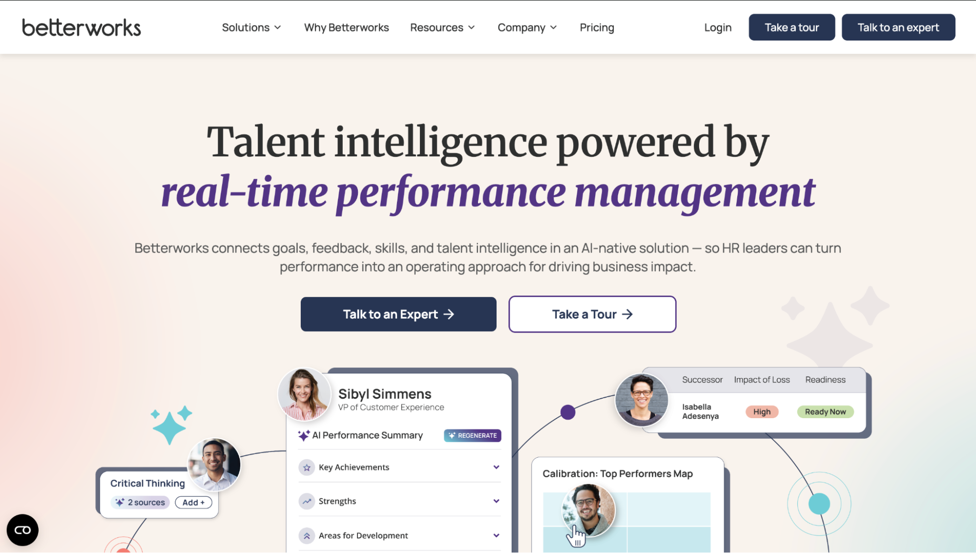 Betterworks homepage with Talent intelligence powered by real-time performance management