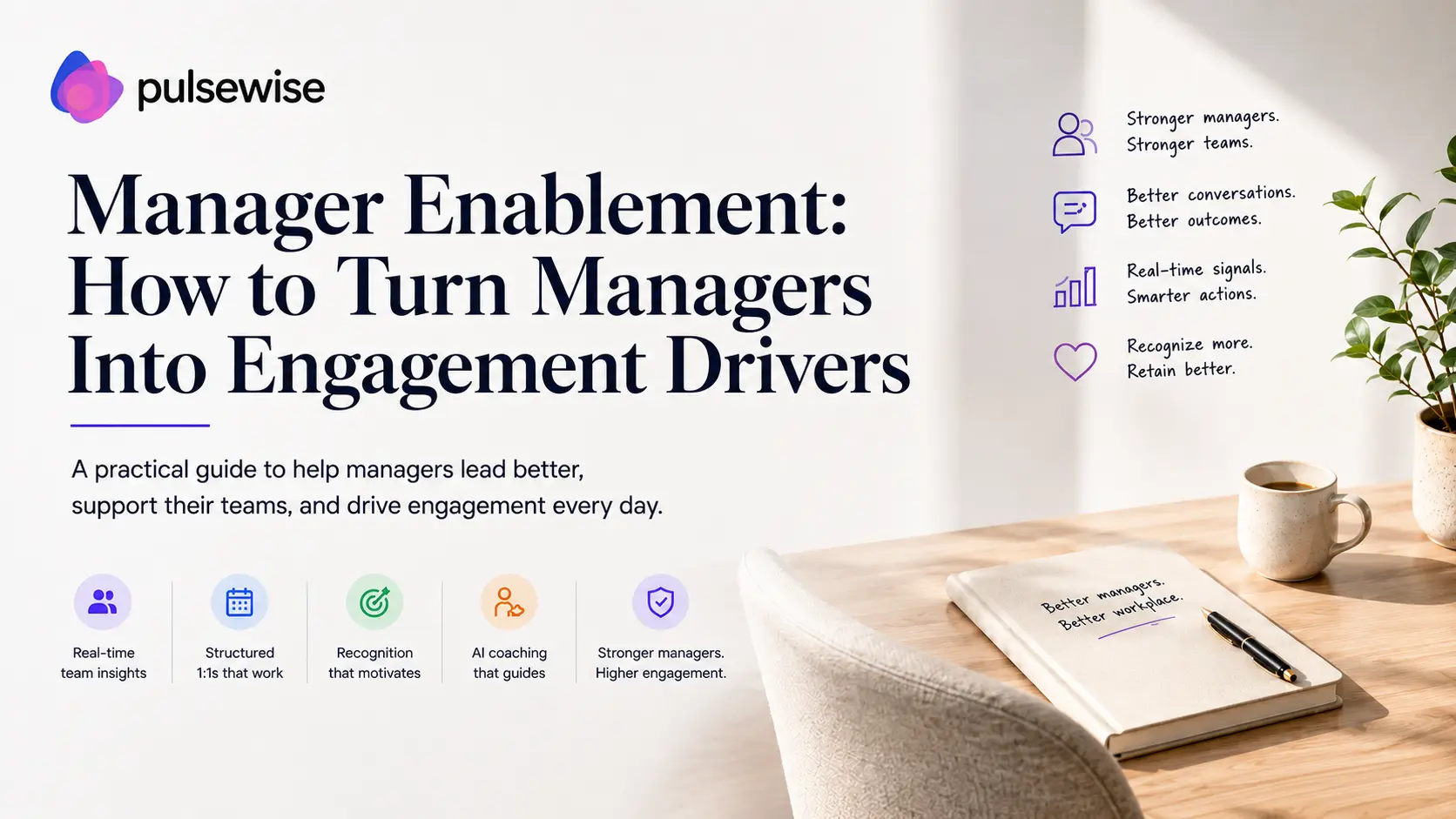 Manager enablement illustration showing a manager coaching an engaged team with live engagement signals