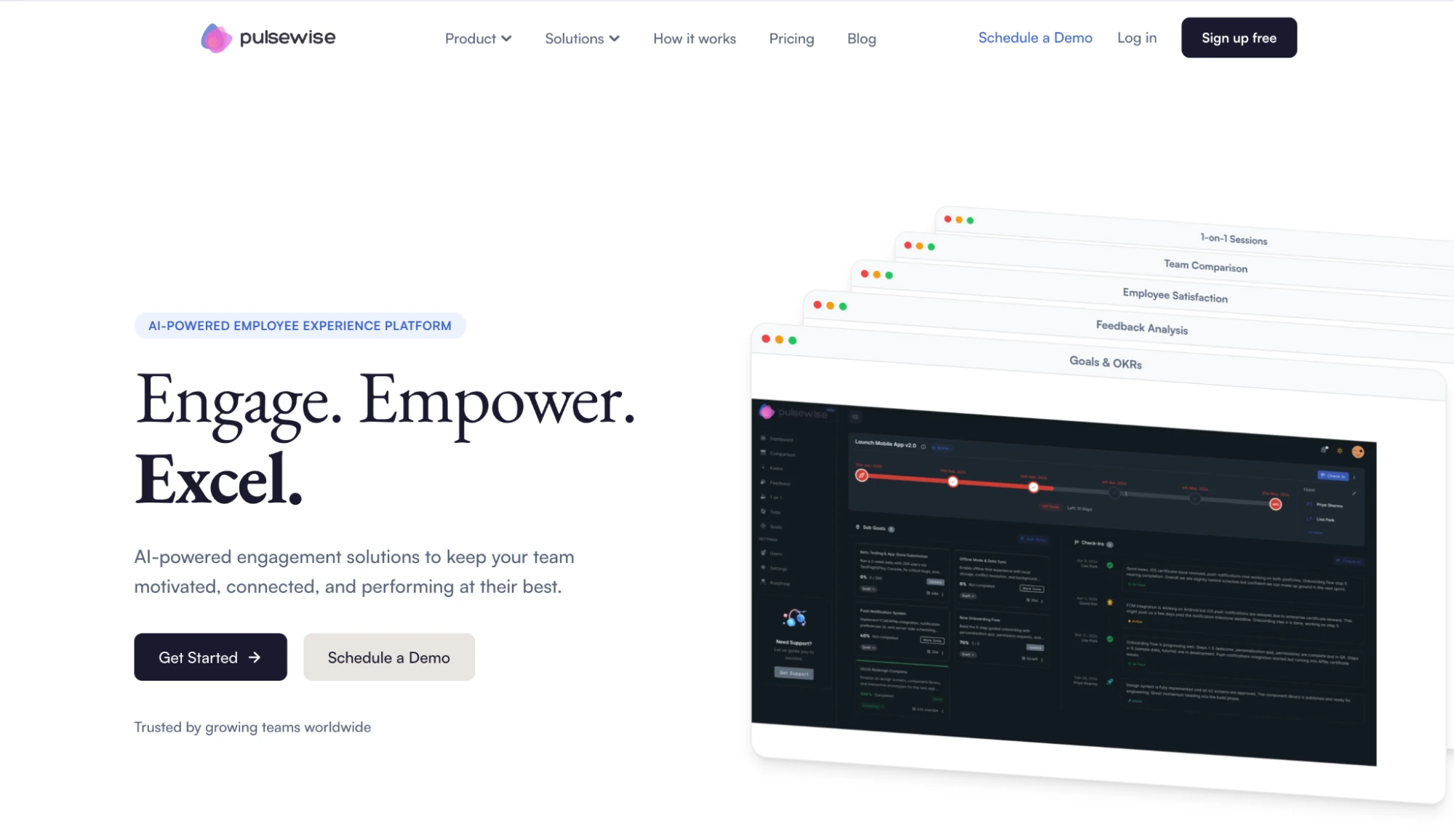 Pulsewise homepage showing the AI-powered employee experience platform with dashboards for 1-on-1 sessions, team comparison, employee satisfaction, feedback analysis, and goals