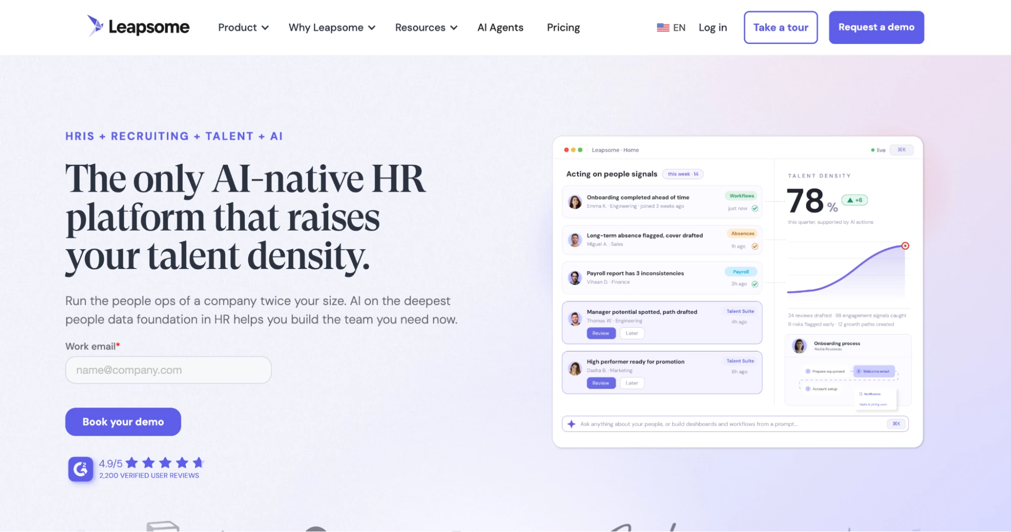 Leapsome homepage describing an AI-native HR platform that raises talent density, with a dashboard of people signals and a talent density score