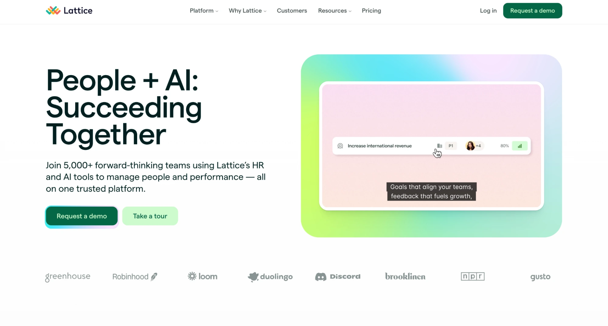 Lattice homepage with the headline People plus AI: Succeeding Together, and customer logos including Greenhouse, Robinhood, Loom, and Duolingo