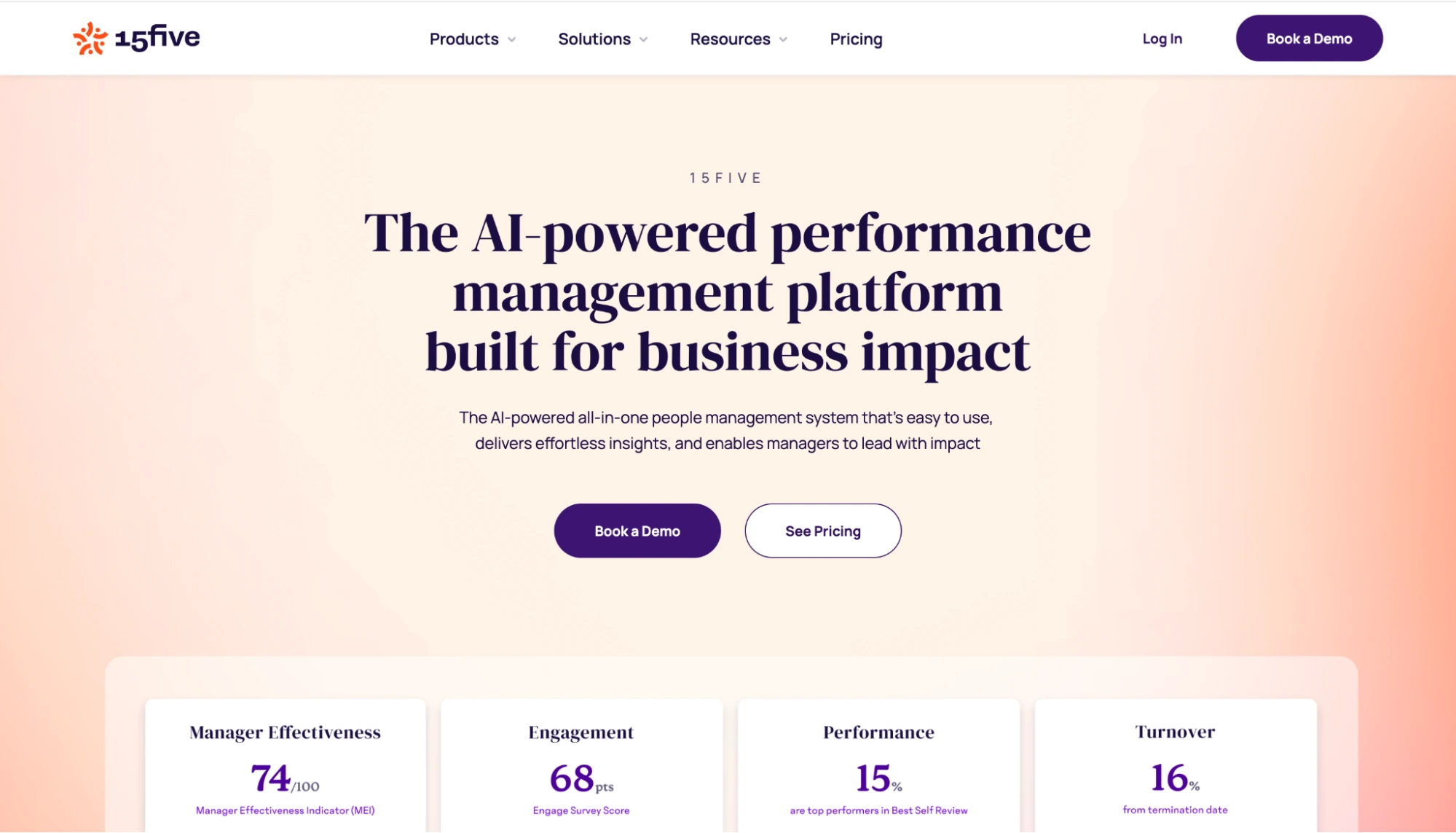 15Five homepage describing an AI-powered performance management platform, with stat cards for manager effectiveness, engagement, performance, and turnover