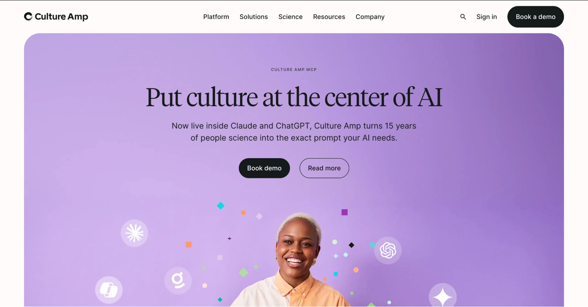 Culture Amp homepage with the headline Put culture at the center of AI, describing its MCP integration with Claude and ChatGPT