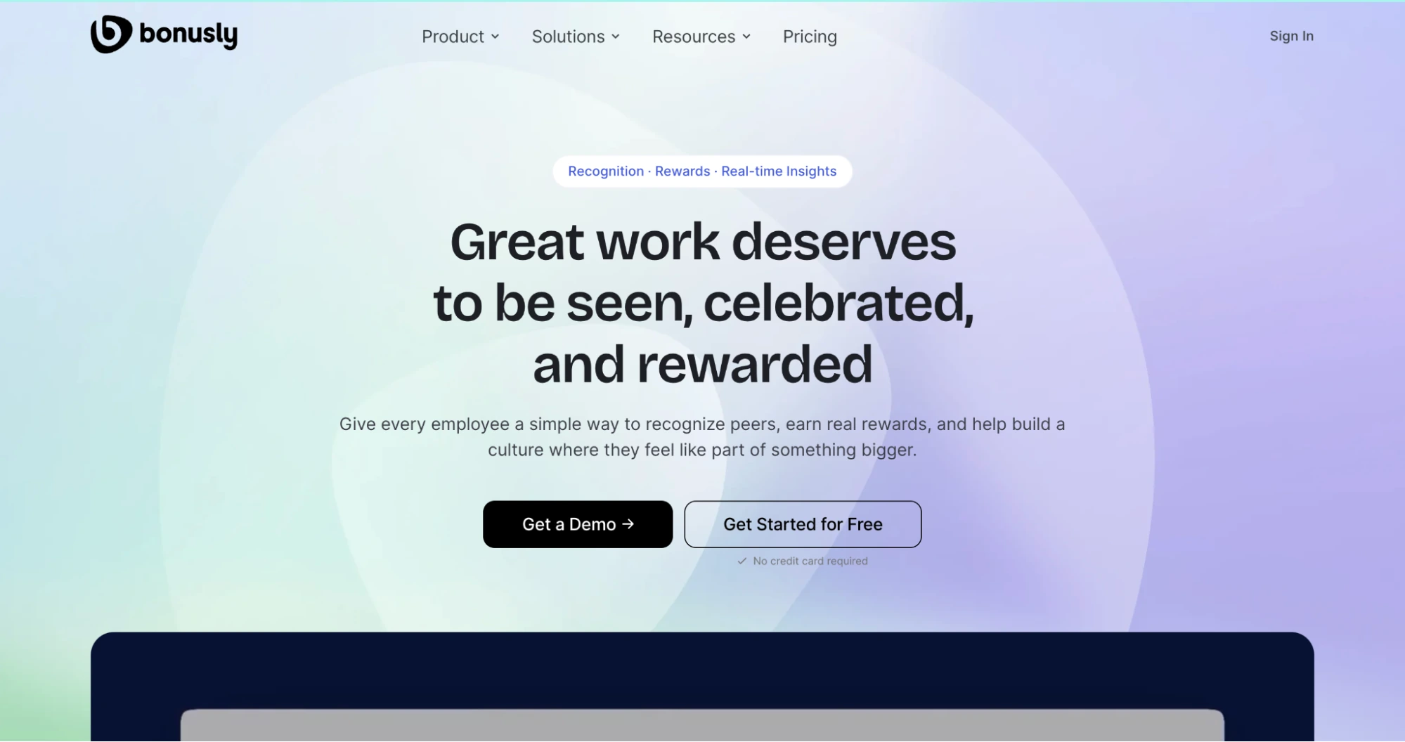 Bonusly homepage with the headline Great work deserves to be seen, celebrated, and rewarded, above a recognition and rewards dashboard