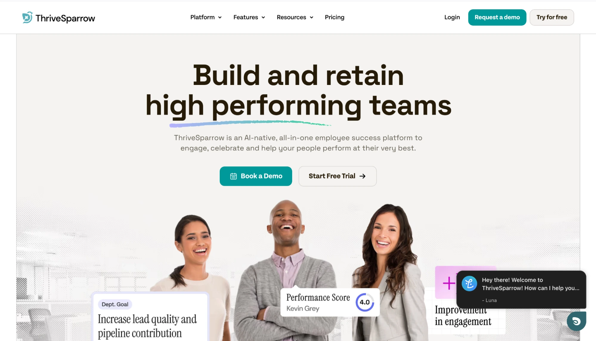 ThriveSparrow homepage with the headline Build and retain high performing teams, showing performance score and engagement improvement cards