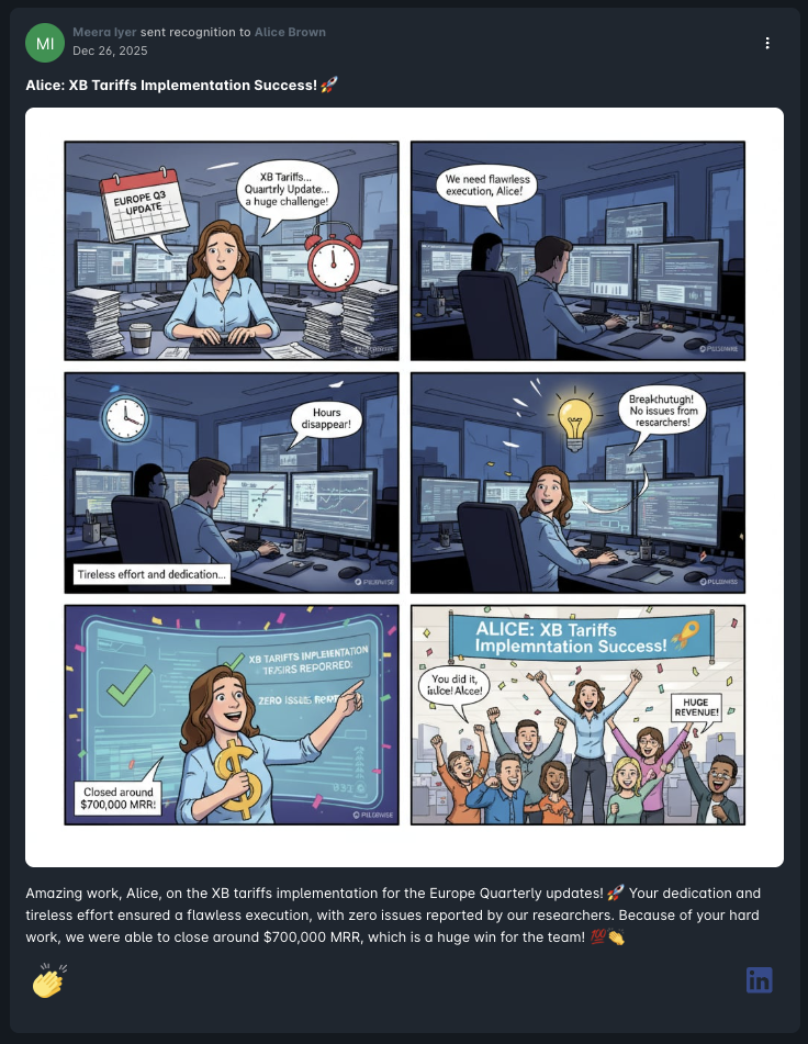 Pulsewise Kudos recognition card with AI-generated comic strip celebrating an employee's contribution