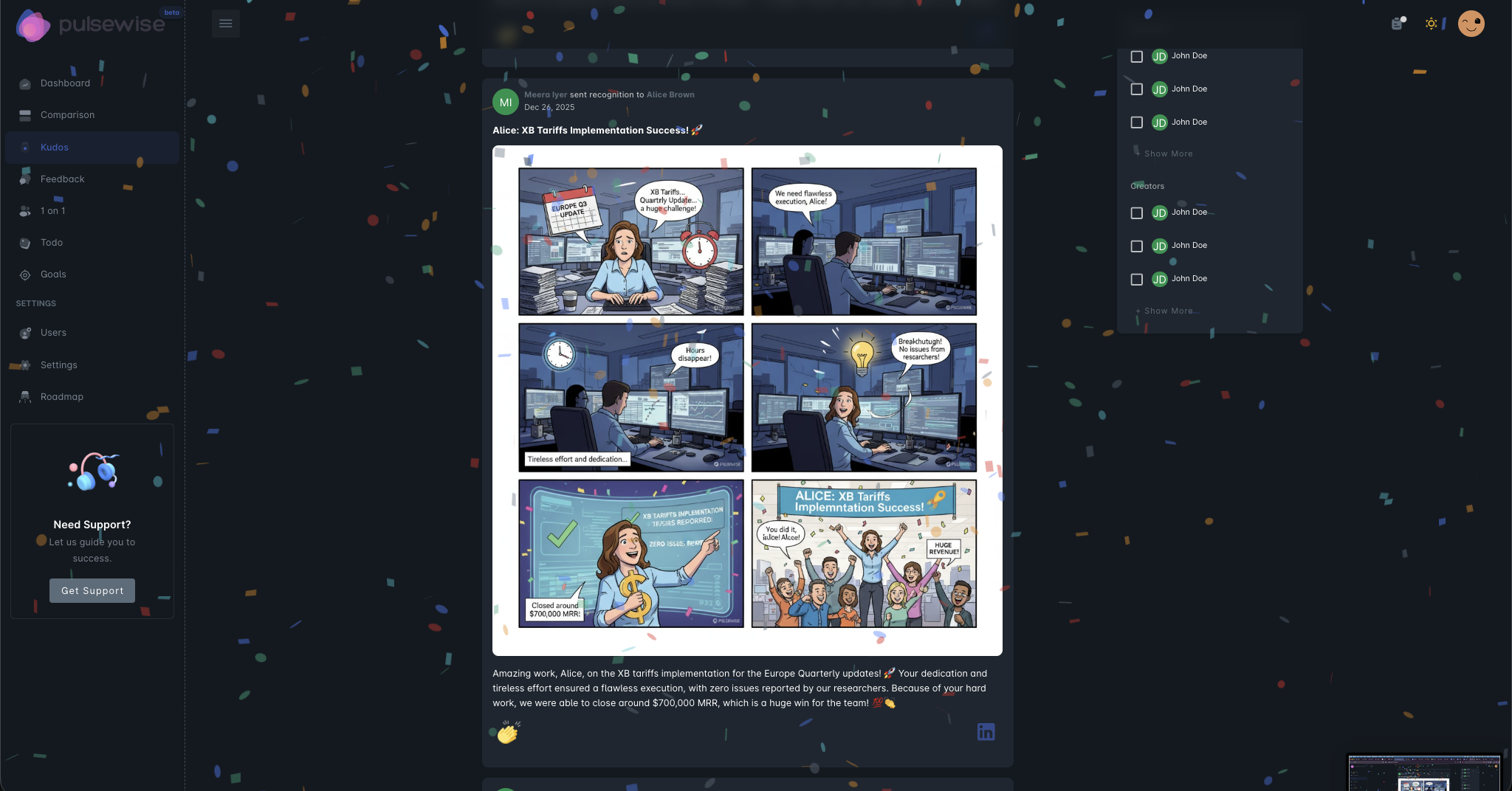Pulsewise Kudos celebration screen with confetti animation showing a recognition card for an employee achievement
