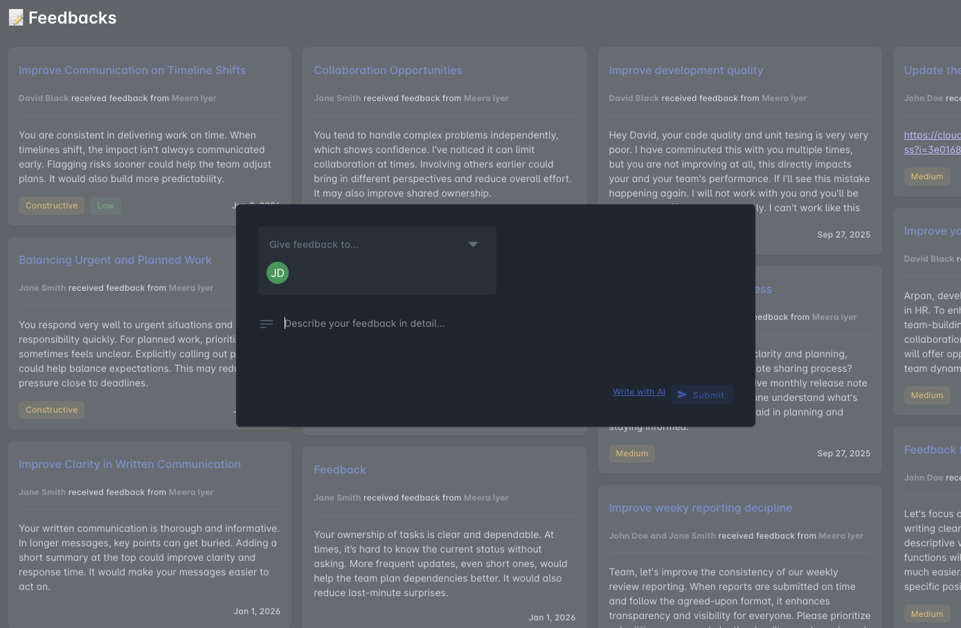 Pulsewise feedback board showing received feedback cards with a modal for writing new structured feedback