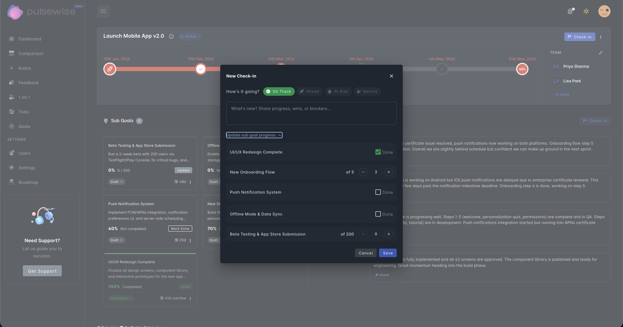 Pulsewise goal check-in modal showing milestone progress updates with status tracking