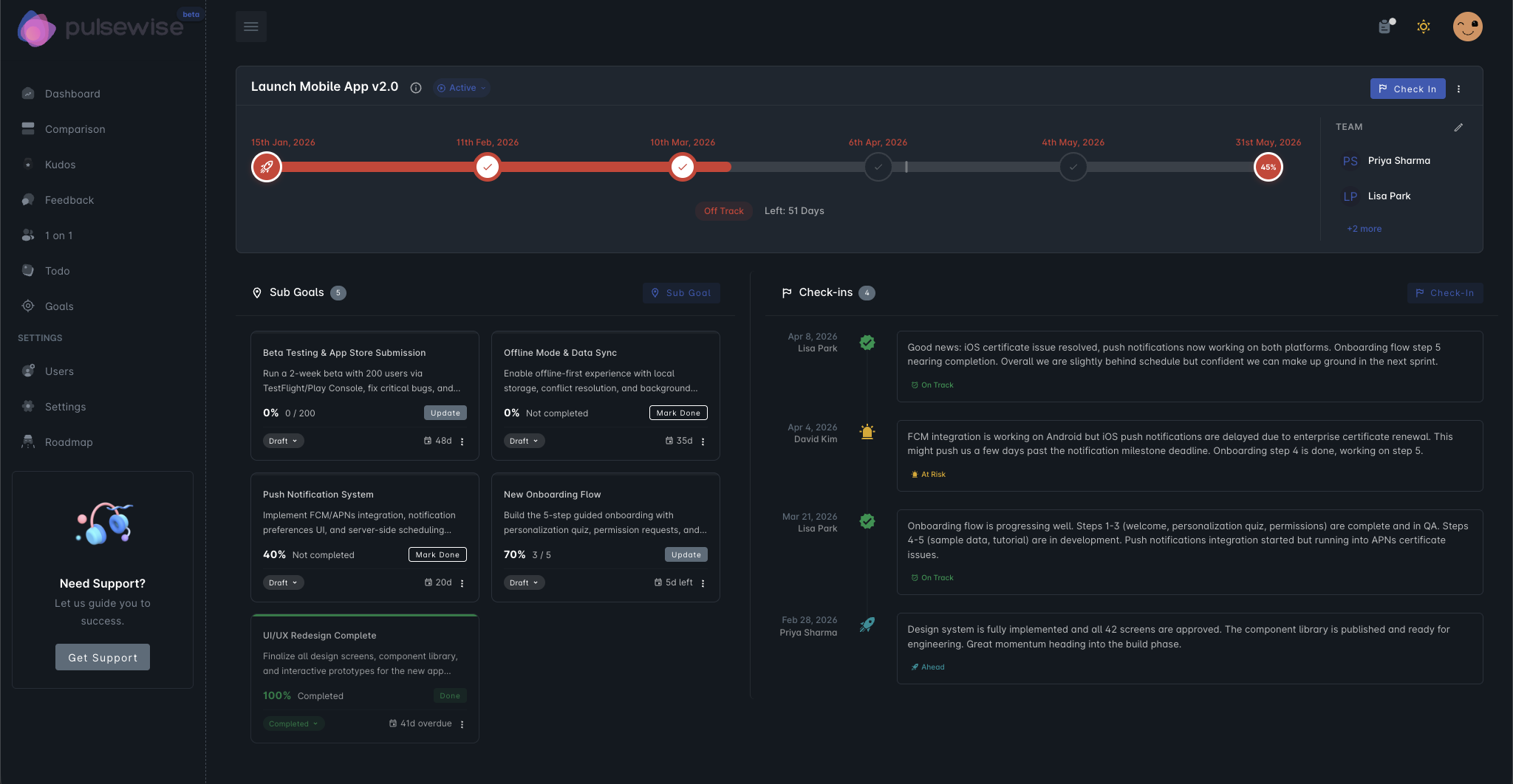Goals Management showing detailed OKR tracking and progress