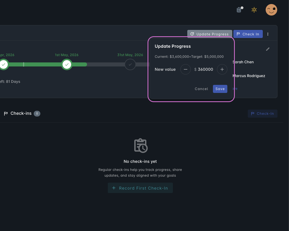 Pulsewise goal progress update modal showing current vs target values