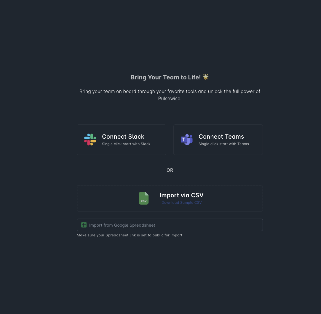 Pulsewise team onboarding screen with options to connect Slack, Microsoft Teams, or import via CSV