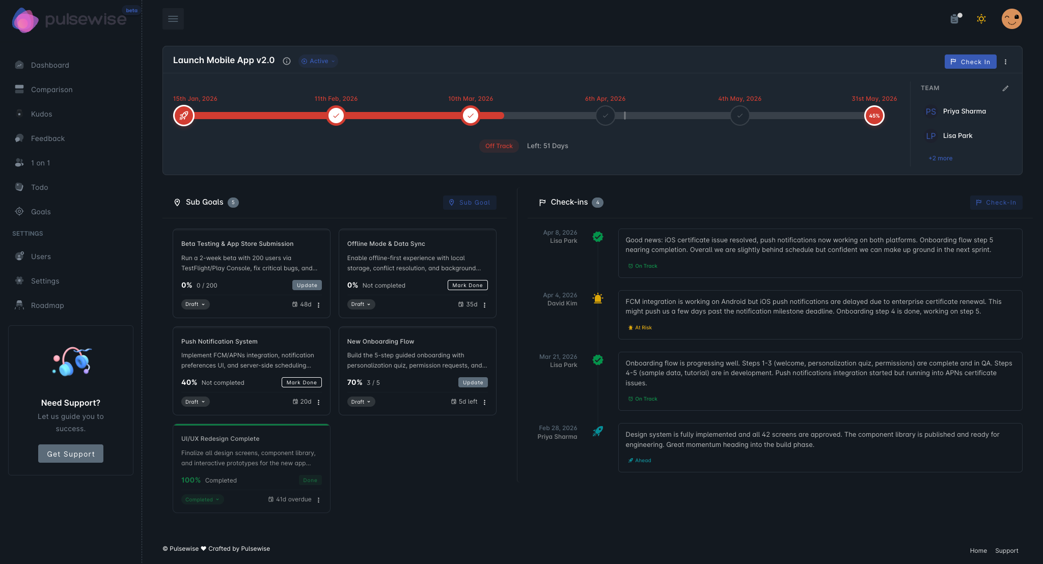 Pulsewise goal detail view with sub-goals, timeline progress bar, team members, and weekly check-ins