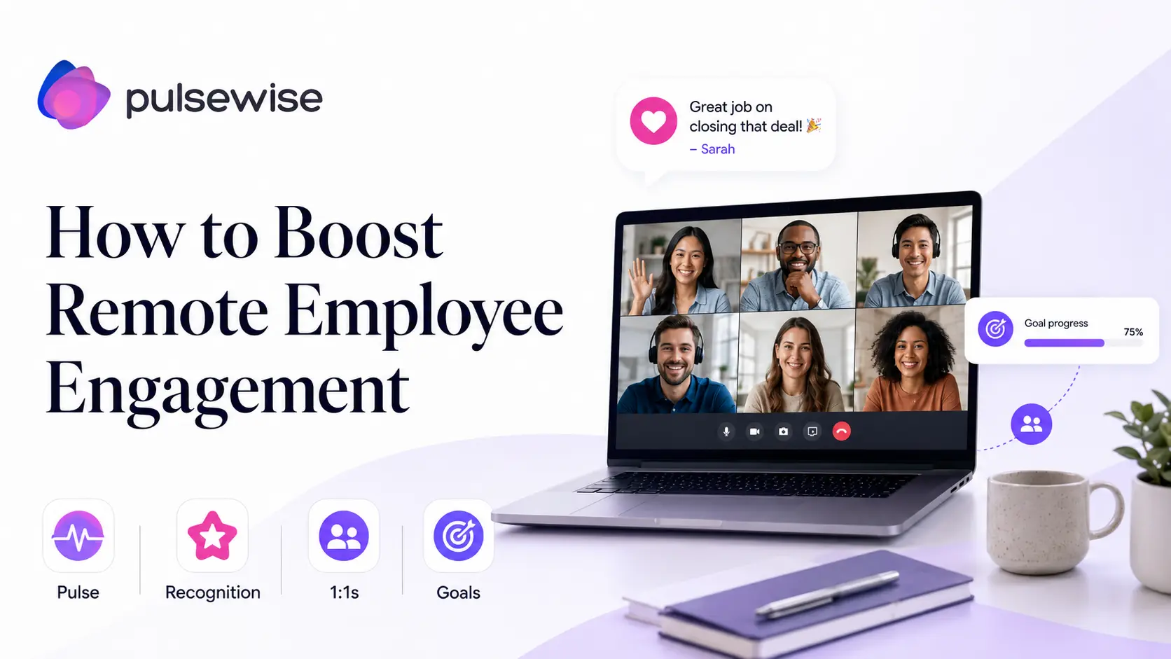 Remote employee engagement illustrated as designed connection across a distributed team, with pulse signals, recognition, and prepared one-on-ones